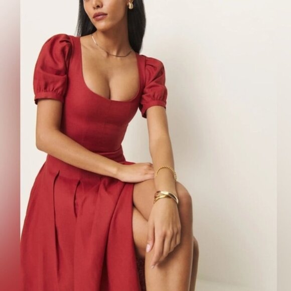 NEW Reformation Coucou Midi Linen Dress Sundried Tomato Red | US 2 UK 6 - Picture 5 of 15